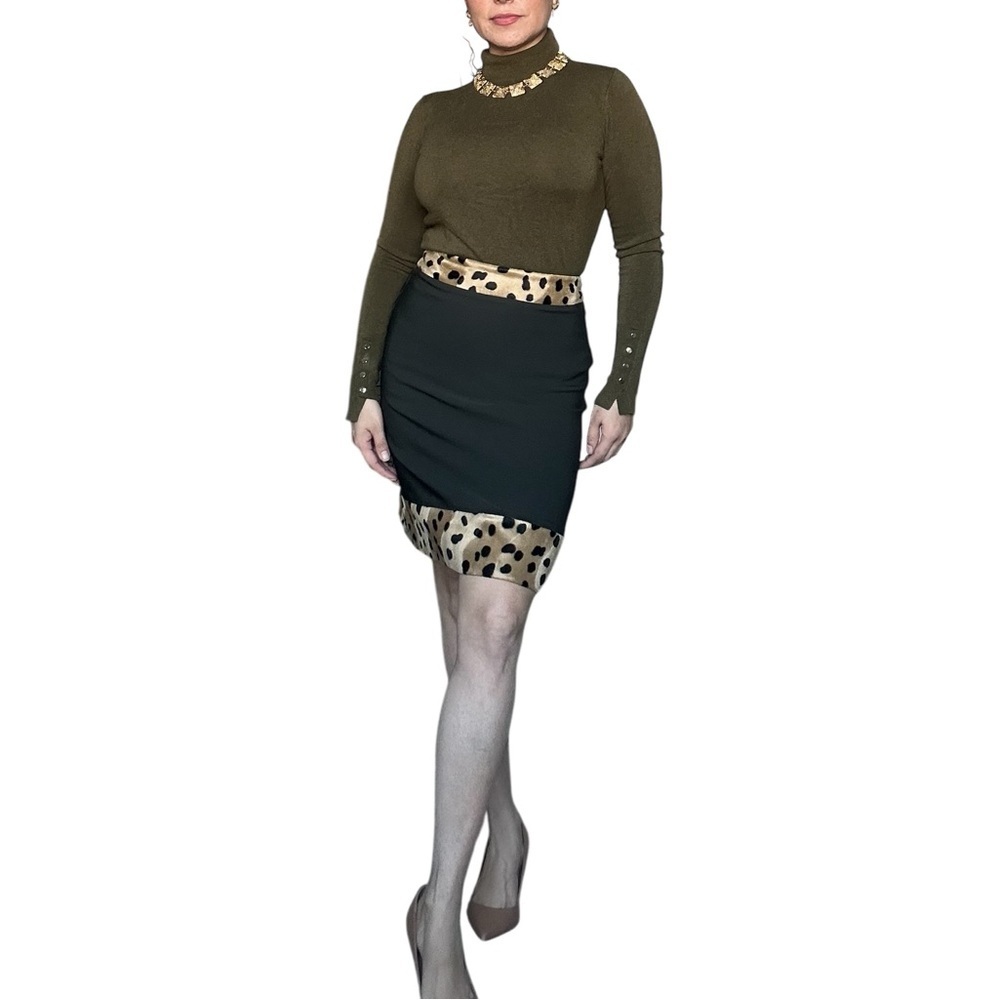 Olive Green & Tan A-Line Skirt with Animal Print Trim at Waist and Hem – Small